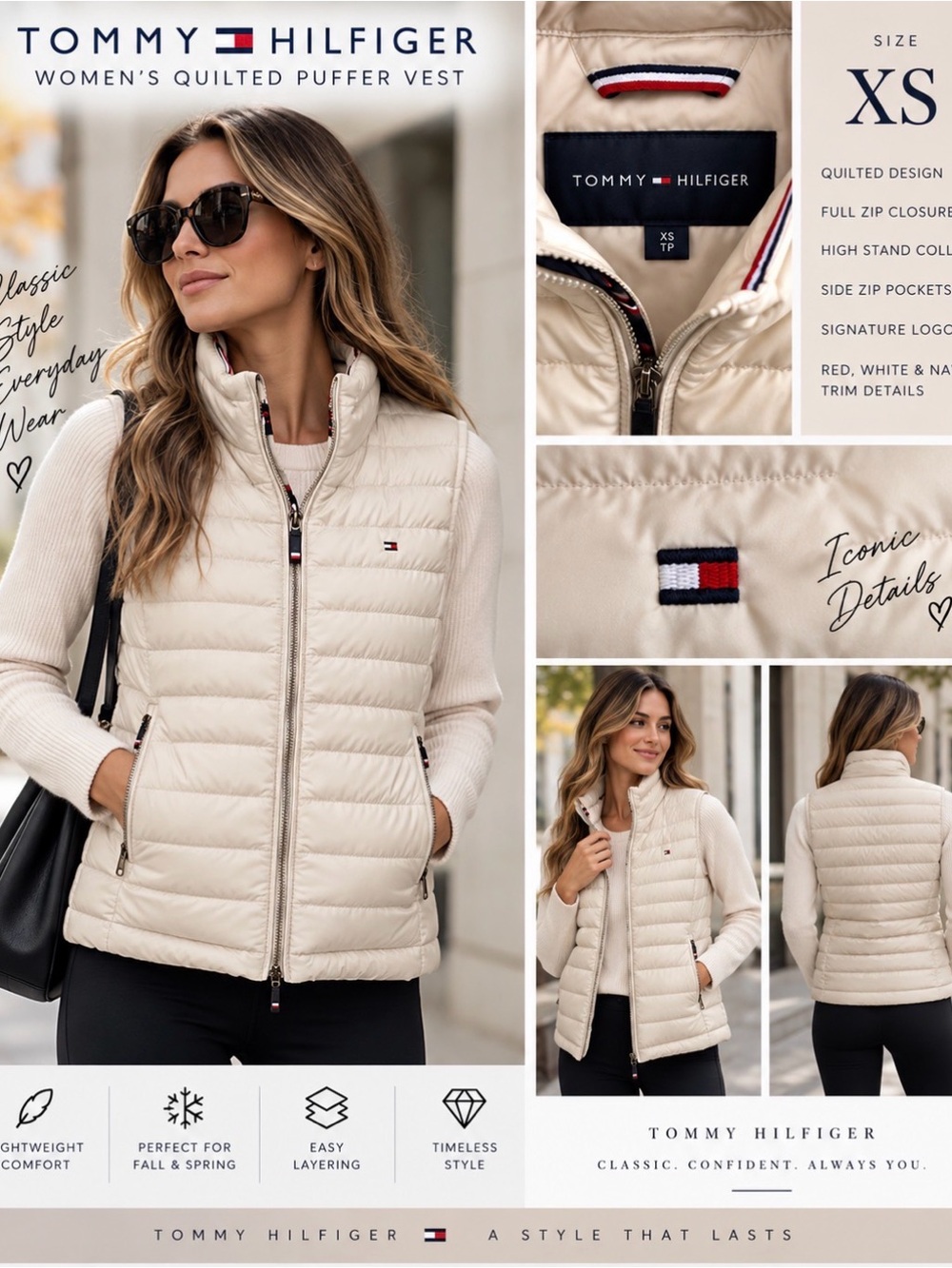 Tommy Hilfiger Women’s Relaxed Fit Beige Quilted Puffer Vest Size XS